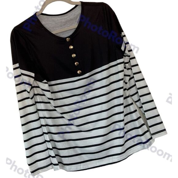 Striped Black and White Long Sleeve Embellished Top M NWOT - Picture 1 of 3
